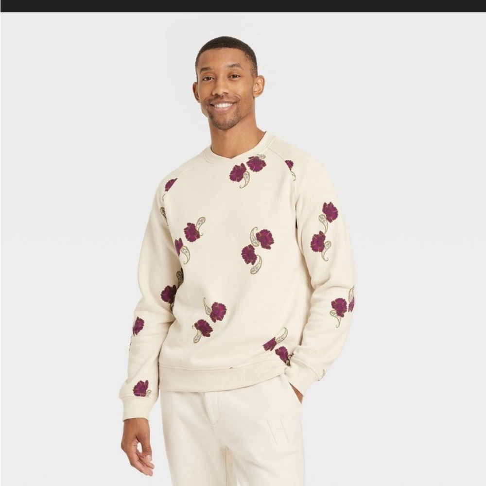 NWT Houston White Cream and Burgundy Crewneck Sweatshirt with Flower Pattern